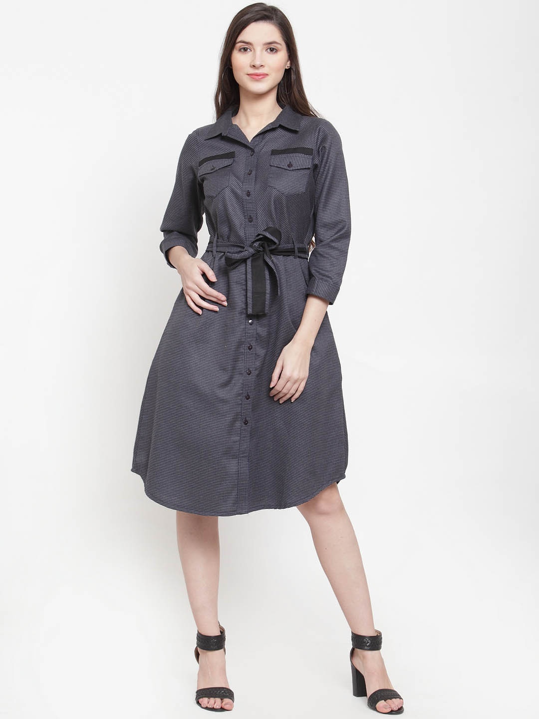 

Ayaany Women Grey Checked Shirt Dress