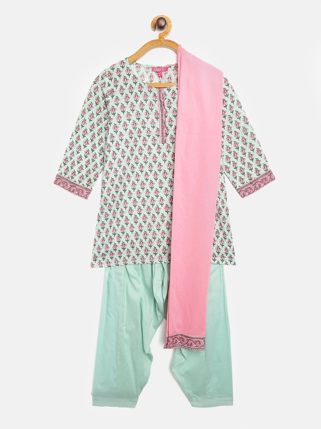 

Biba Girls Green & Pink Printed Kurta with Salwar & Dupatta