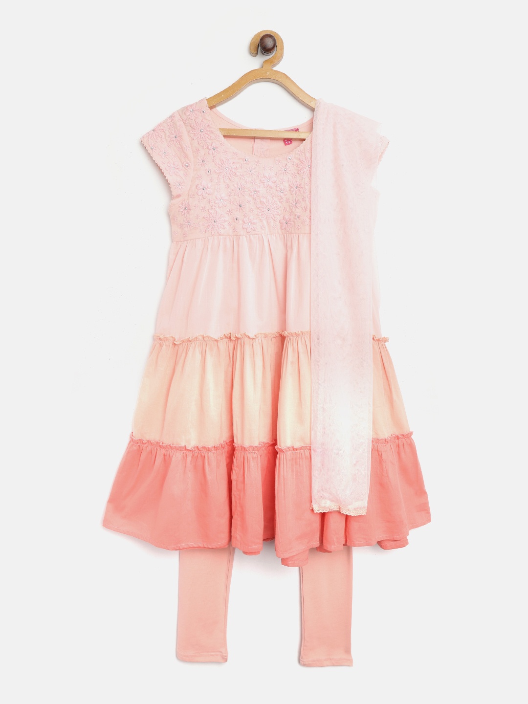 

Biba Girls Peach-Coloured Embroidered Kurta with Leggings & Dupatta