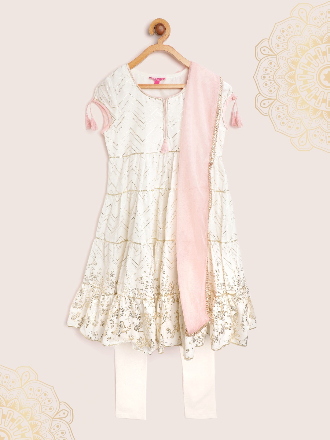 

Biba Girls Off White Ethnic Motifs Print Tiered Pure Cotton Kurta with Churidar & Dupatta
