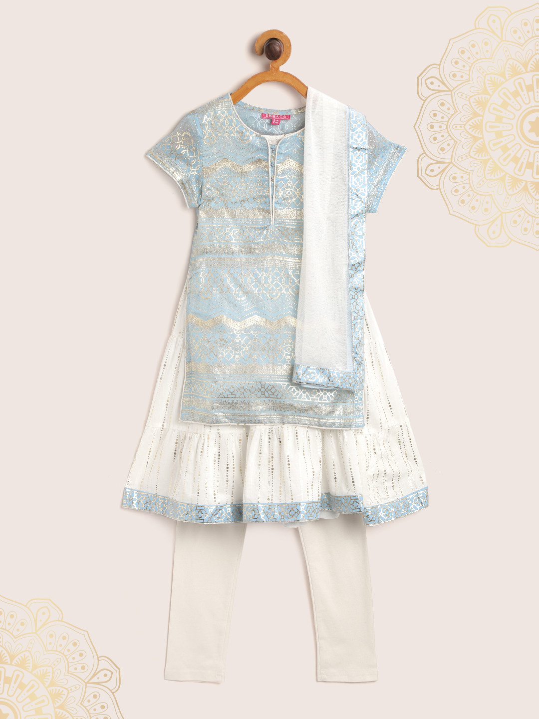 

Biba Girls Blue & White Printed Layered Kurta with Churidar & Dupatta