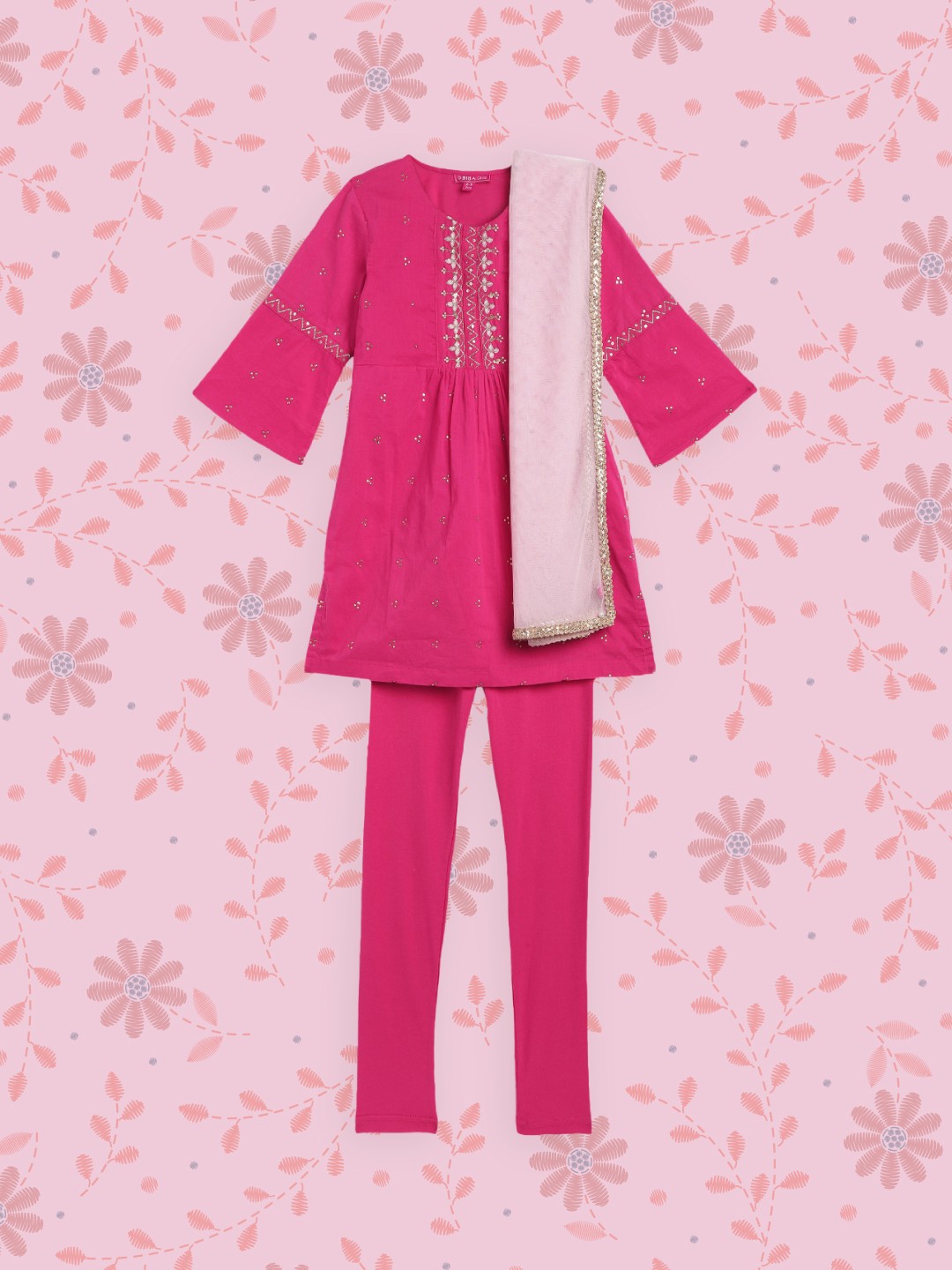 

Biba Girls Pink Embroidered Regular Pure Cotton Kurta Set with Dupatta