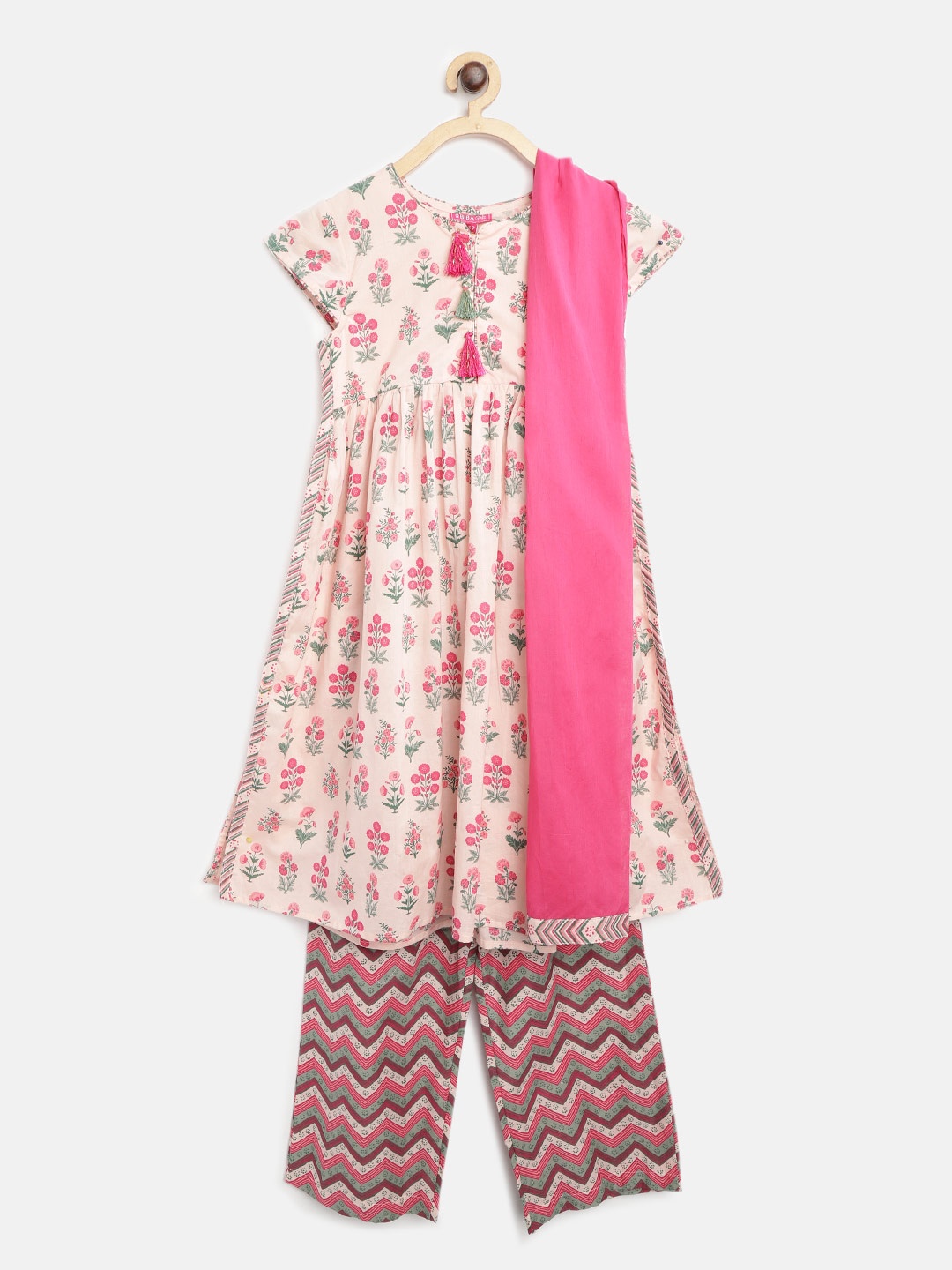 

Biba Girls Peach-Coloured & Pink Pure Cotton Printed Kurta with Palazzos & Dupatta