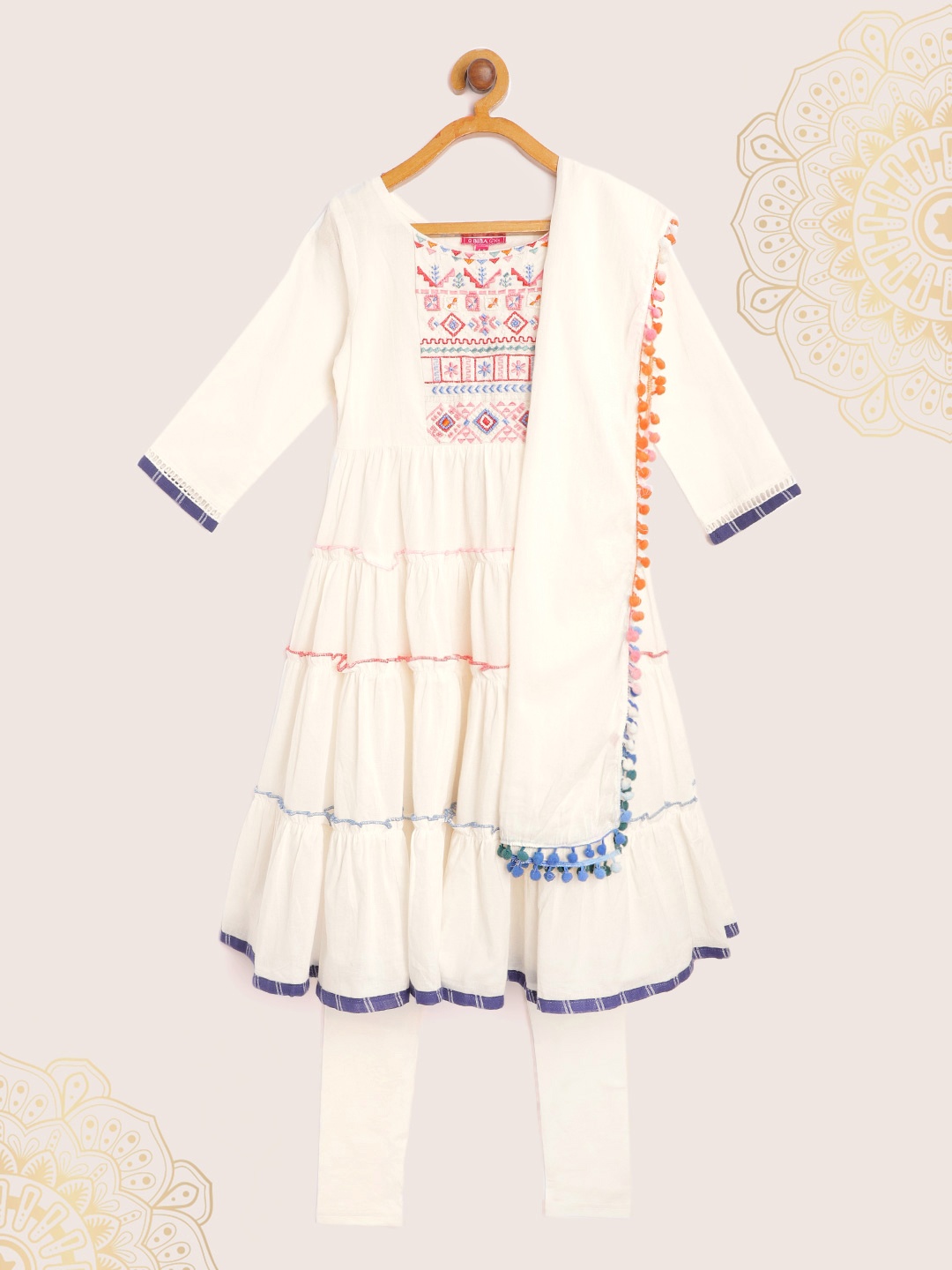 

Biba Girls Off-White & Pink Tiered Embroidered Beaded Kurta with Leggings & Dupatta