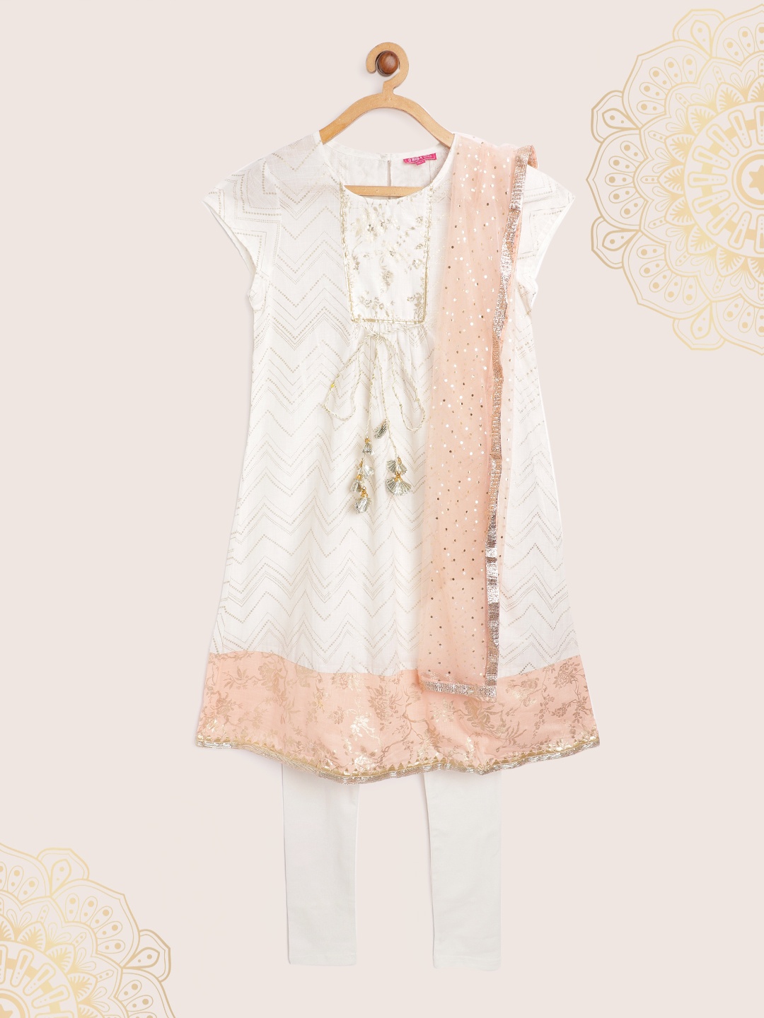 

Biba Girls Off White Printed Regular Pure Cotton Kurta with Churidar & Dupatta