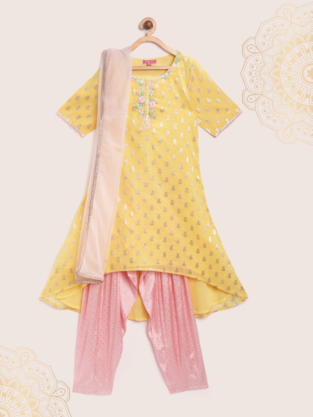 

Biba Girls Yellow & Pink Self-Design Kurta with Salwar & Dupatta