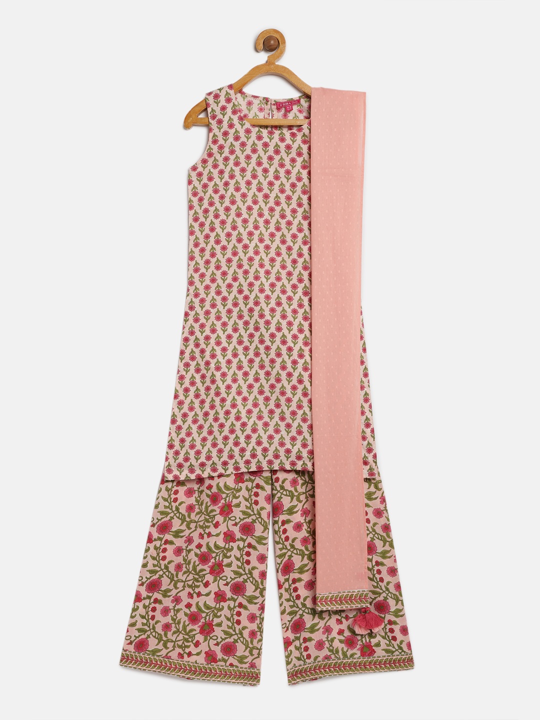 

Biba Girls Peach-Coloured & Green Printed Kurta with Palazzos & Dupatta