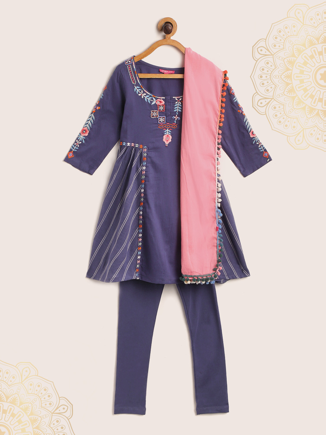 

Biba Girls Navy Blue Ethnic Motifs Embroidered Pure Cotton Kurta with Churidar & Dupatta