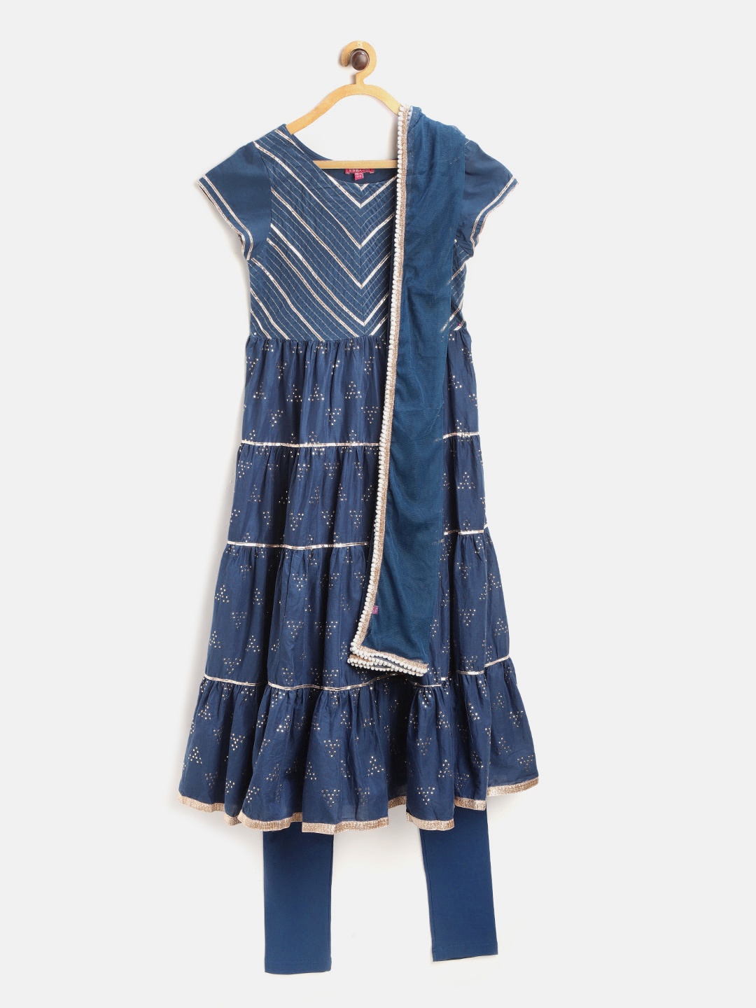 

Biba Girls Navy Blue & Golden Printed Tiered Anarkali Kurta with Churidar & Dupatta