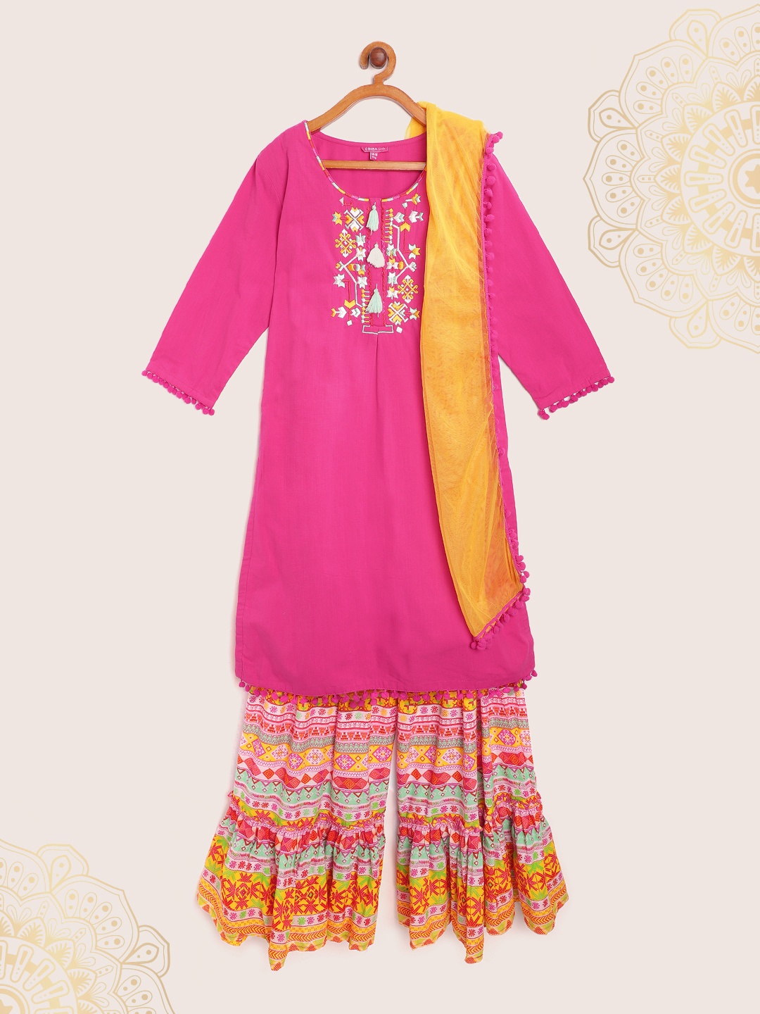

Biba Girls Pink & Yellow Yoke Design Cotton Straight Kurta with Sharara & Dupatta