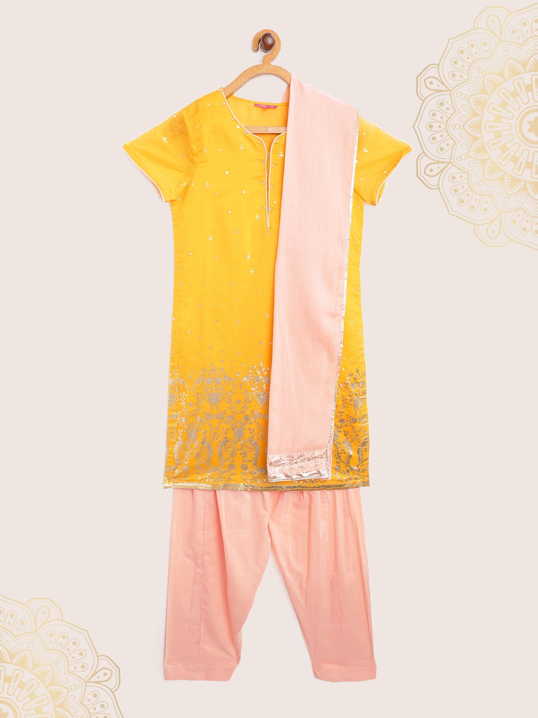 

Biba Girls Yellow Ethnic Motifs Printed Regular Gotta Patti Kurta Set & With Dupatta