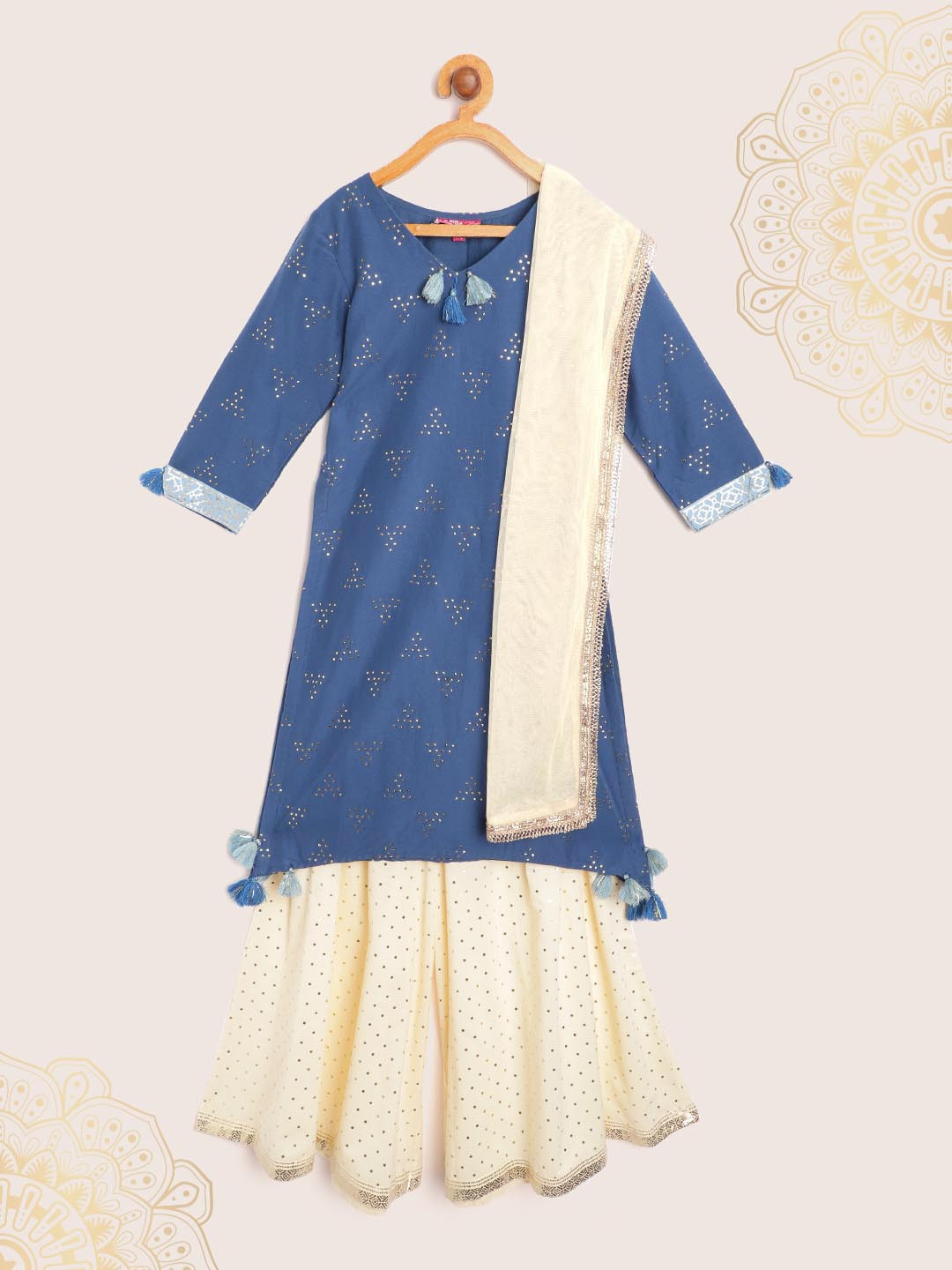 

Biba Girls Navy Blue & Cream-Coloured Embellished Kurta with Palazzos & Dupatta