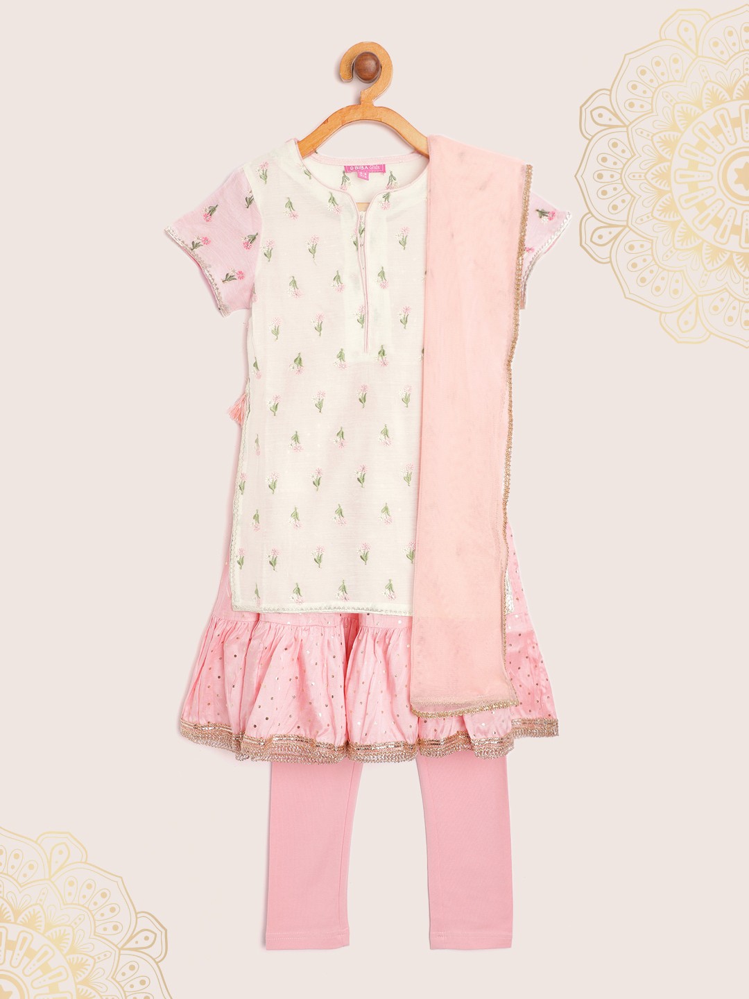 

Biba Girls Off-White & Pink Embroidered Layered Kurta with Churidar & Dupatta