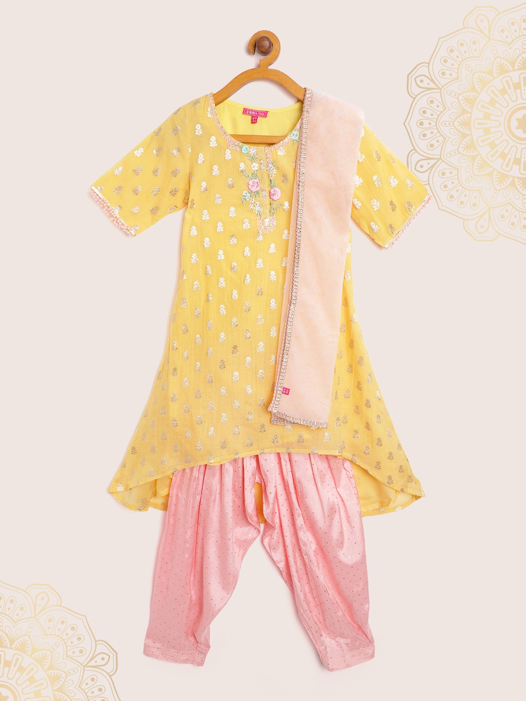 

Biba Girls Yellow & Pink Printed Embroidered Kurta with Salwar & Dupatta