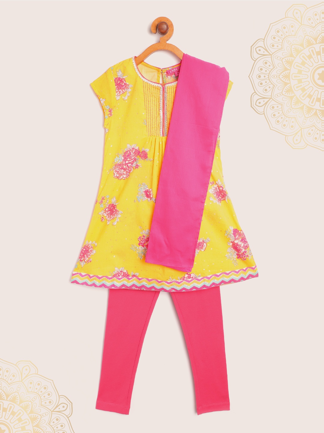 

Biba Girls Yellow & Pink Floral Print Kurta with Churidar & Dupatta