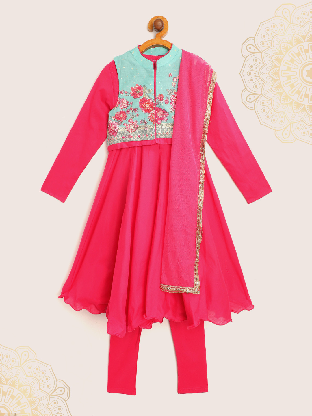 

Biba Girls Fuchsia & Sea Green Solid Kurta with Churidar & Dupatta