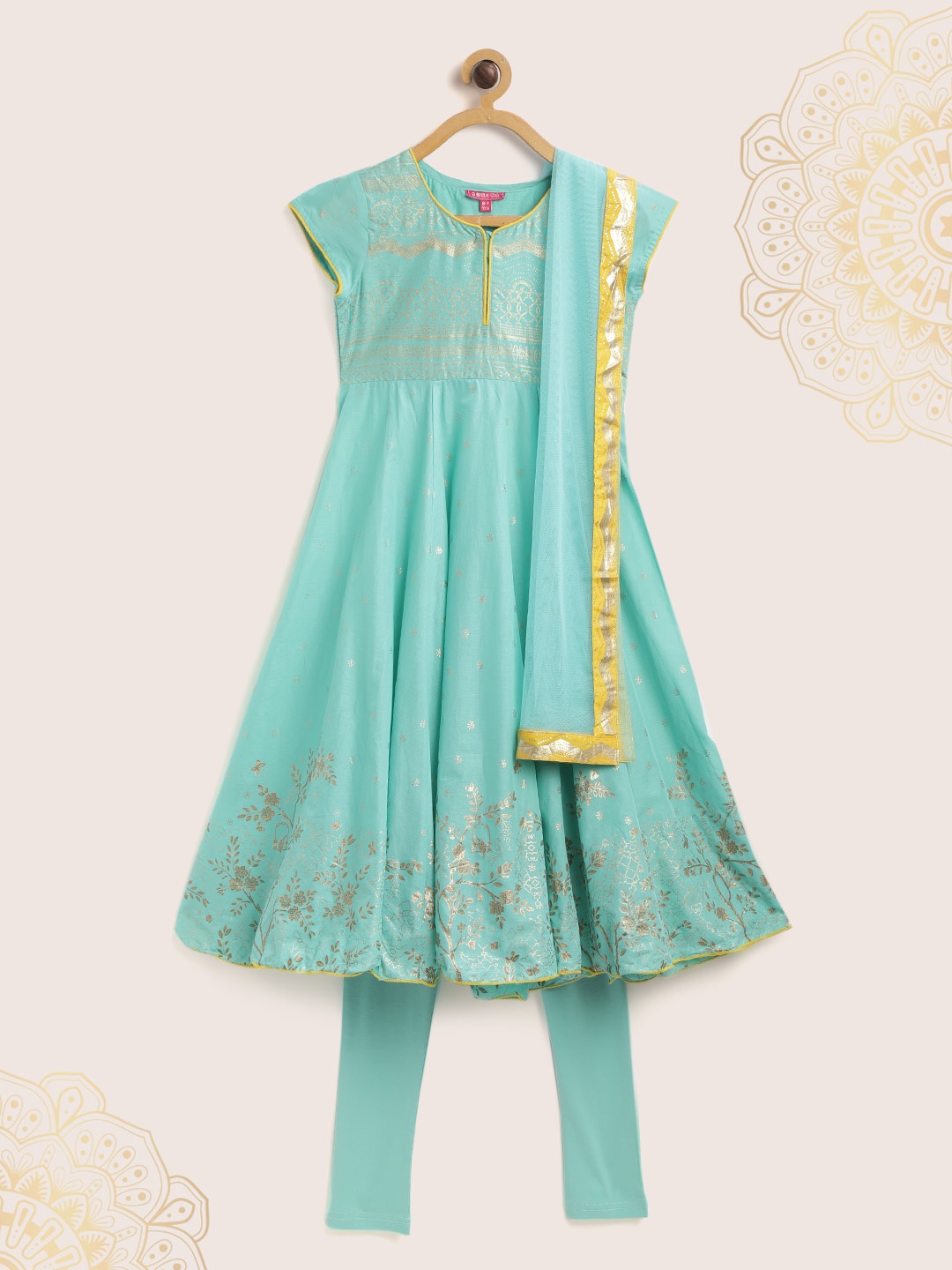 

Biba Girls Sea Green & Golden Ethnic Motifs Anarkali Kurta with Leggings & With Dupatta