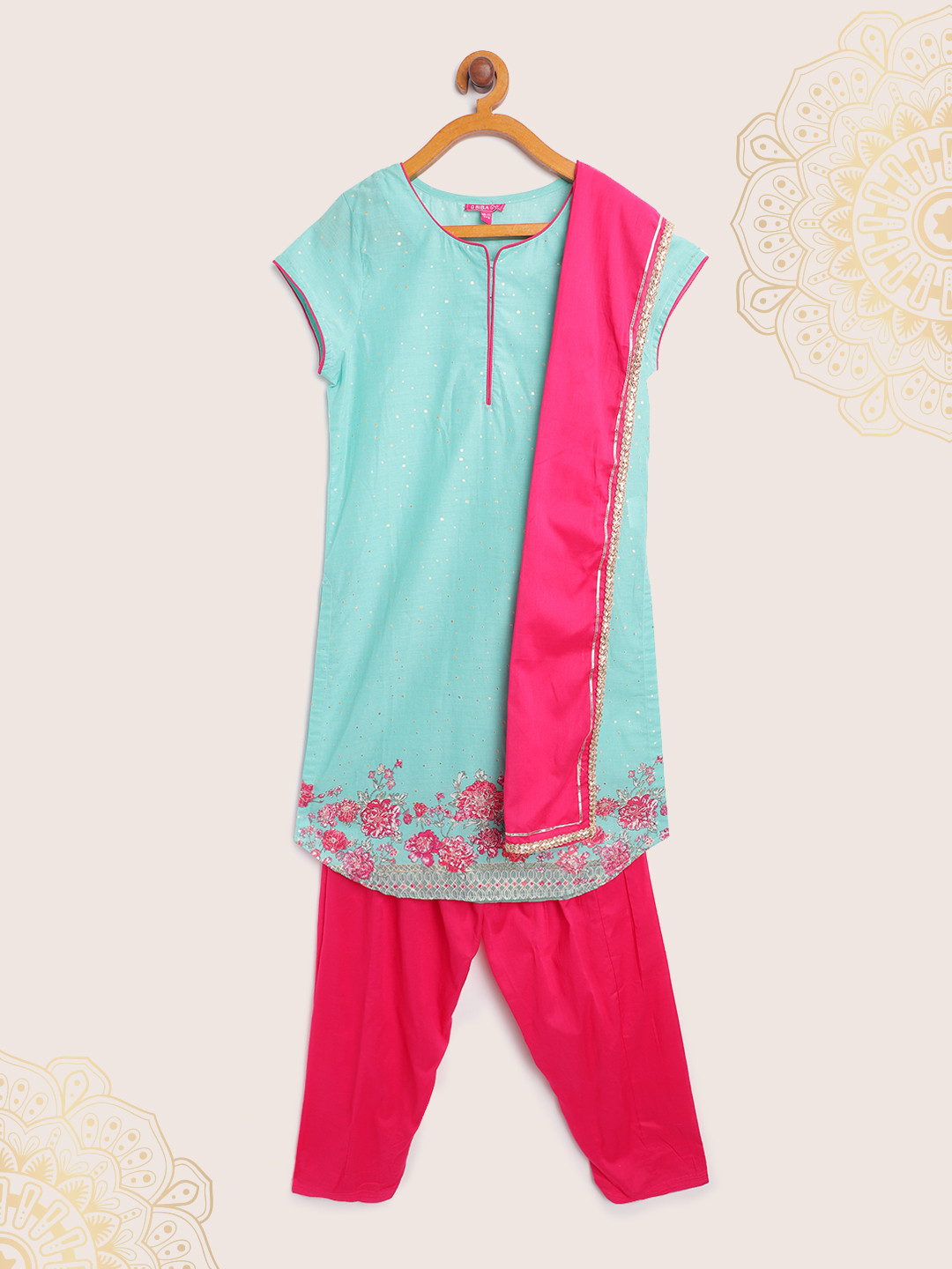 

Biba Girls Sea Green & Pink Geometric Print Pure Cotton Kurta with Salwar & Dupatta