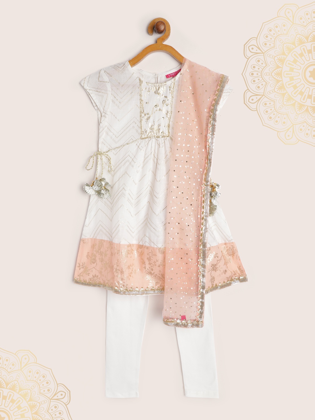 

Biba Girls White & Golden Printed Regular Gotta Patti Kurta with Churidar & Dupatta