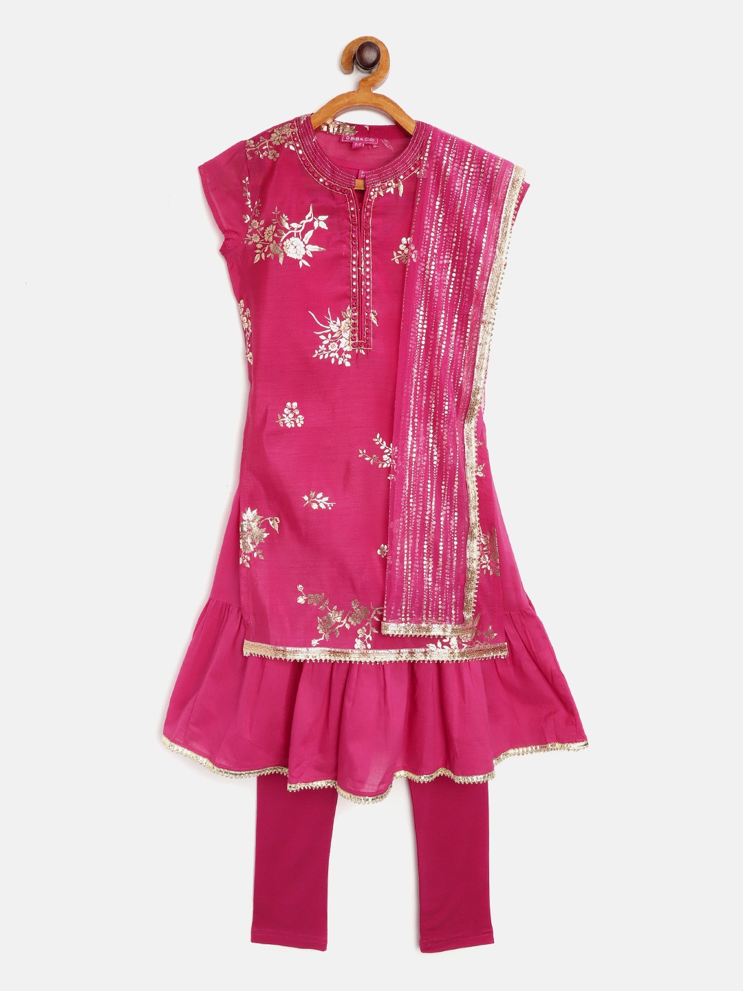 

Biba Girls Magenta & Golden Printed Kurta with Churidar & Dupatta