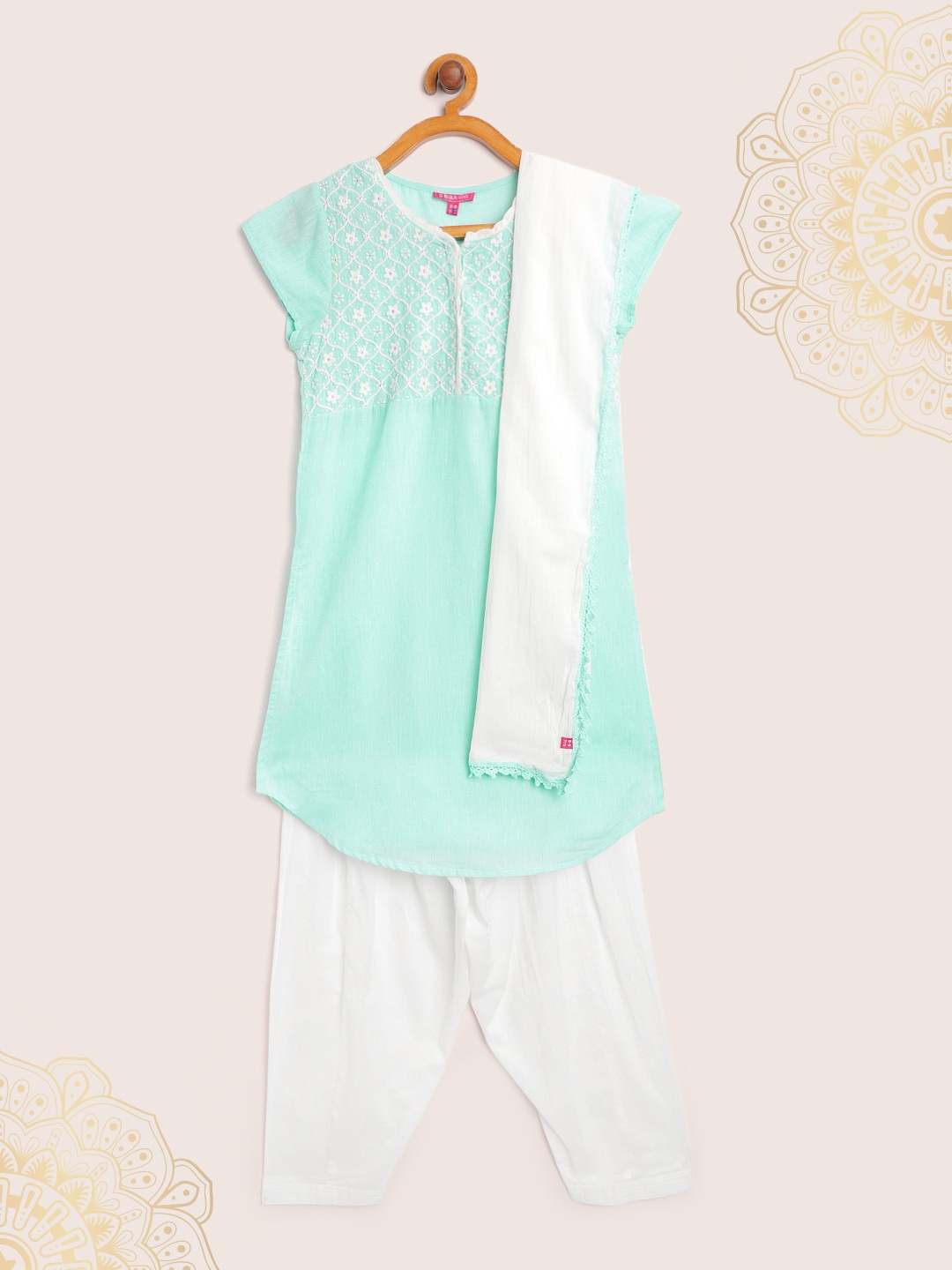 

Biba Girls Sea Green & White Embroidered Pure Cotton Kurta with Salwar & Dupatta