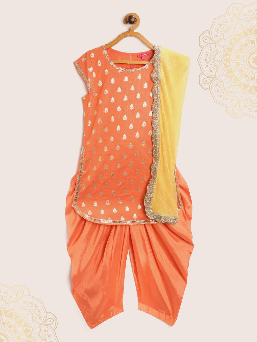 

Biba Girls Orange & Yellow Ethnic Motifs Print Kurta with Salwar & Dupatta
