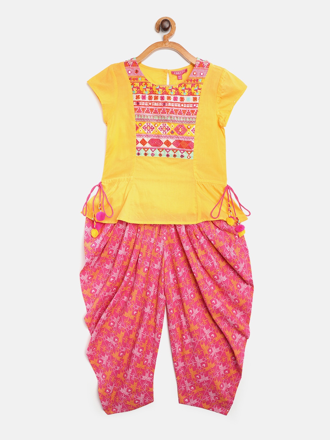 

Biba Girls Mustard Yellow & Pink Embroidered Top with Patiala Salwar