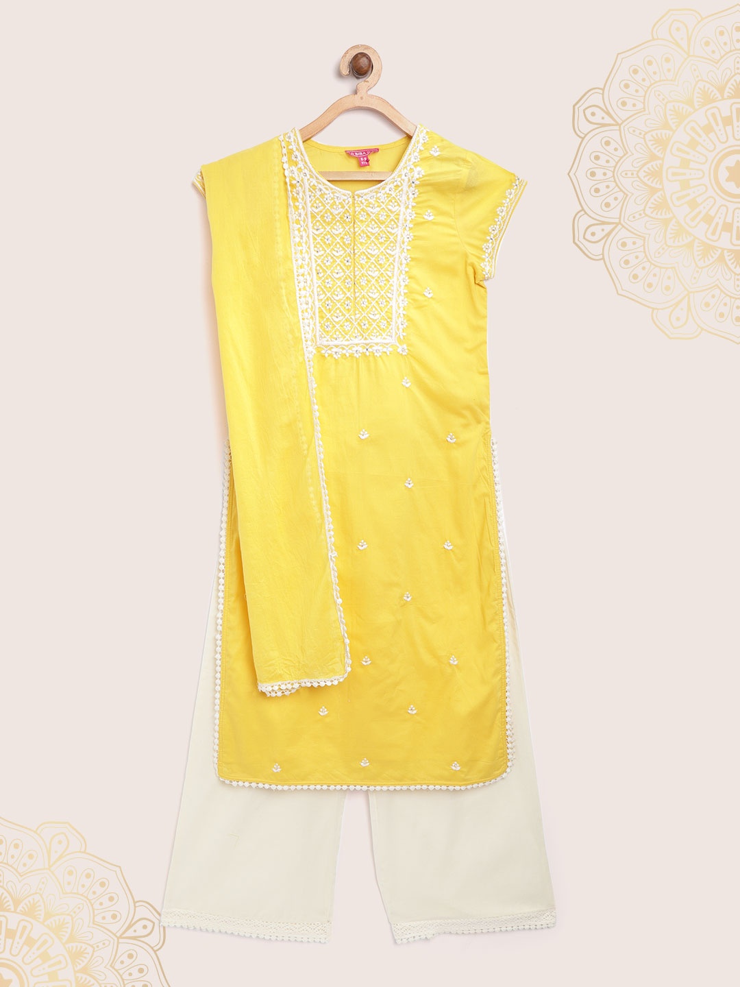 

Biba Girls Yellow & Of-White Embroidered Kurta with Palazzos & Dupatta