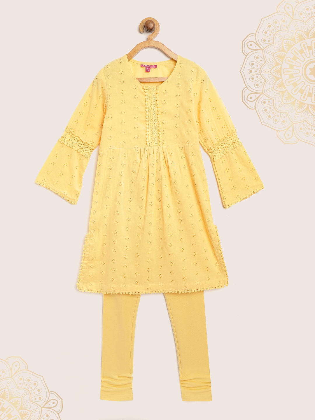 

Biba Girls Yellow Schiffli Embroidered A-Line Kurta with Churidar