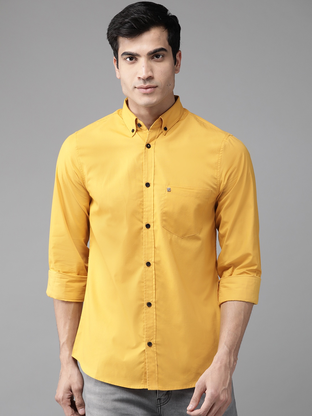 

Hubberholme Men Mustard Yellow Regular Fit Solid Casual Shirt