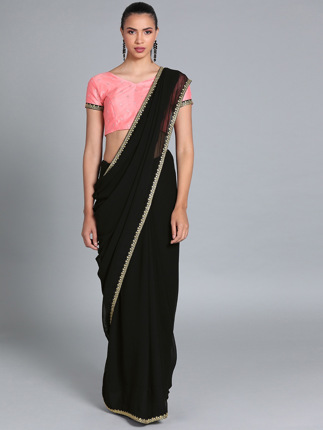 

Ethnovog Saree With Stitched Blouse, Black