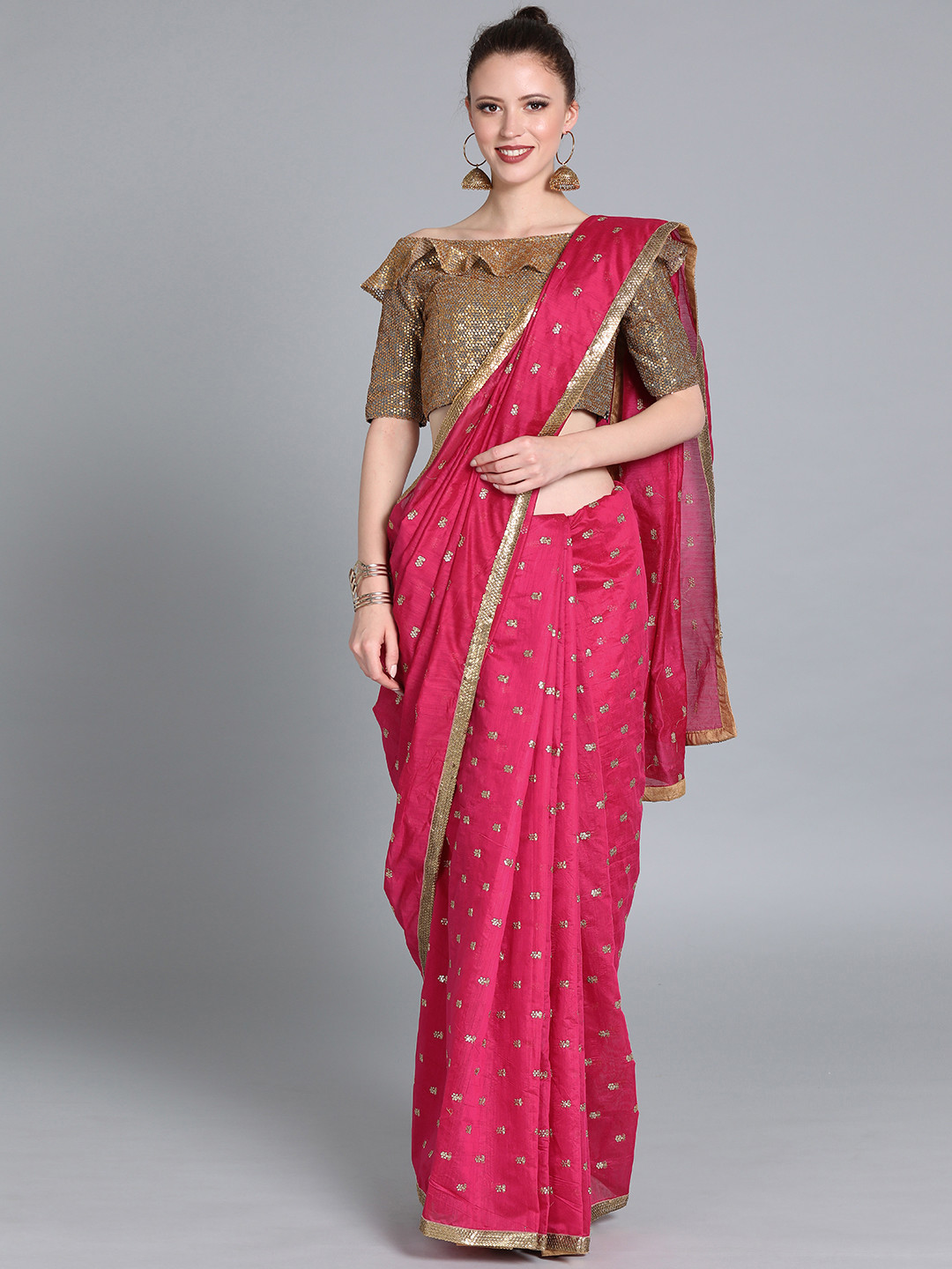 

Ethnovog Cotton Blend Embroidered Saree With Stitched Blouse, Pink