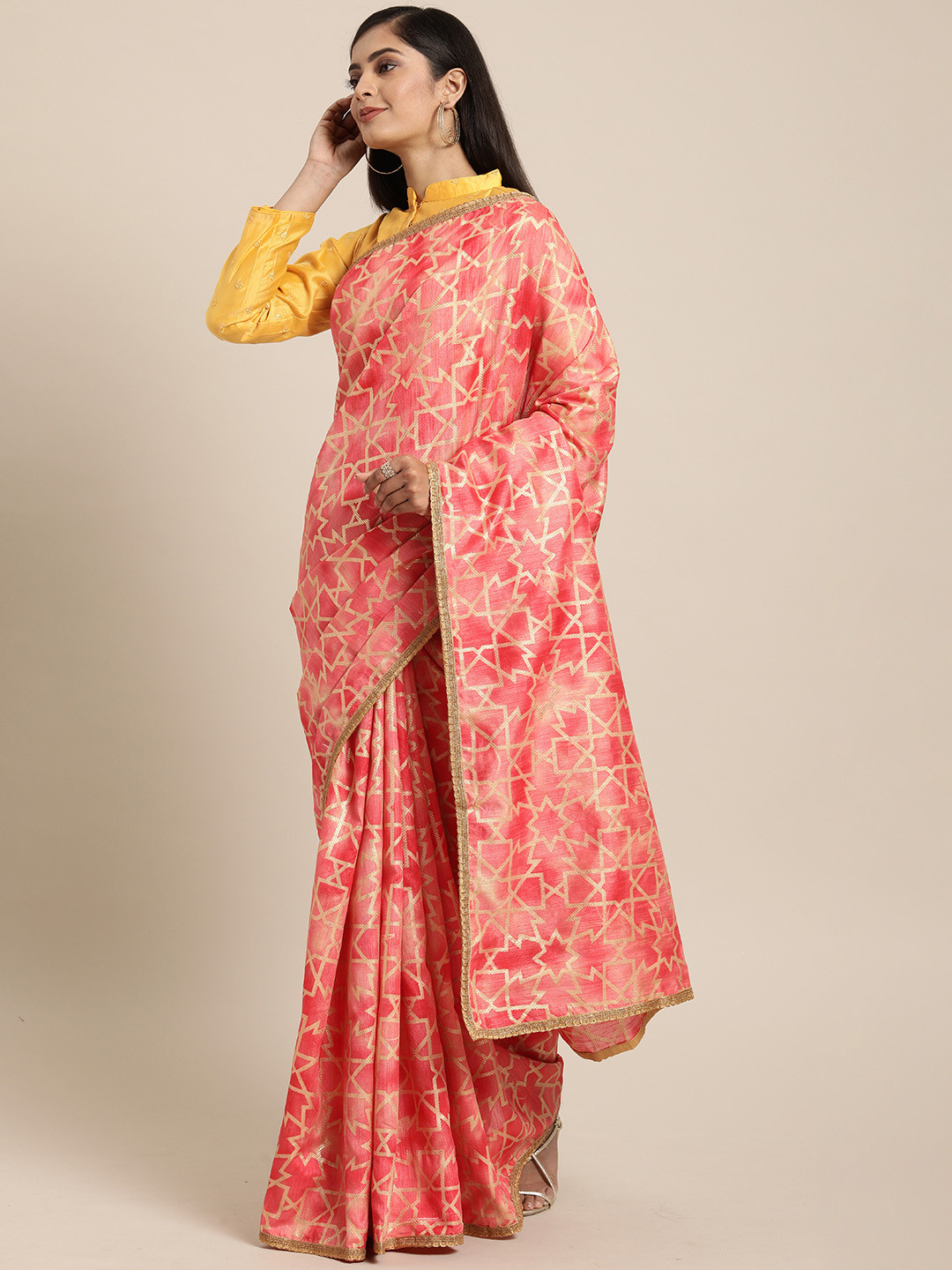 

Ethnovog Red Beige Cotton Blend Printed Made To Measure Saree