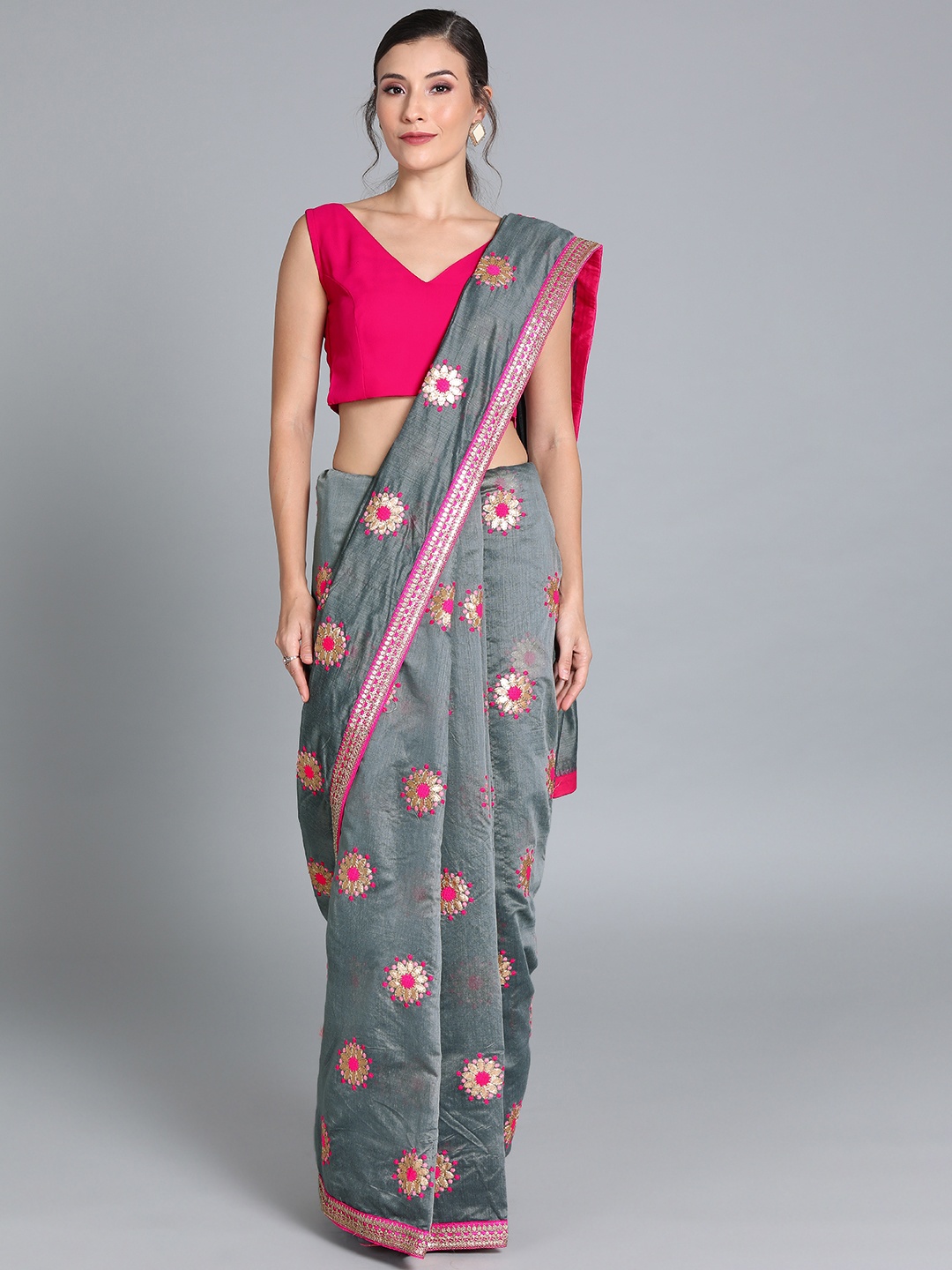 

Ethnovog Cotton Blend Embroidered Saree With Stitched Blouse, Grey