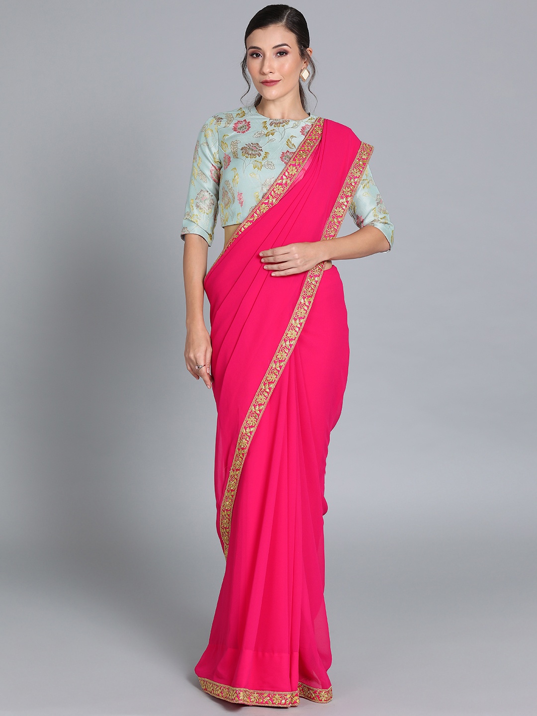 

Ethnovog Pink Grey Poly Georgette Solid Saree