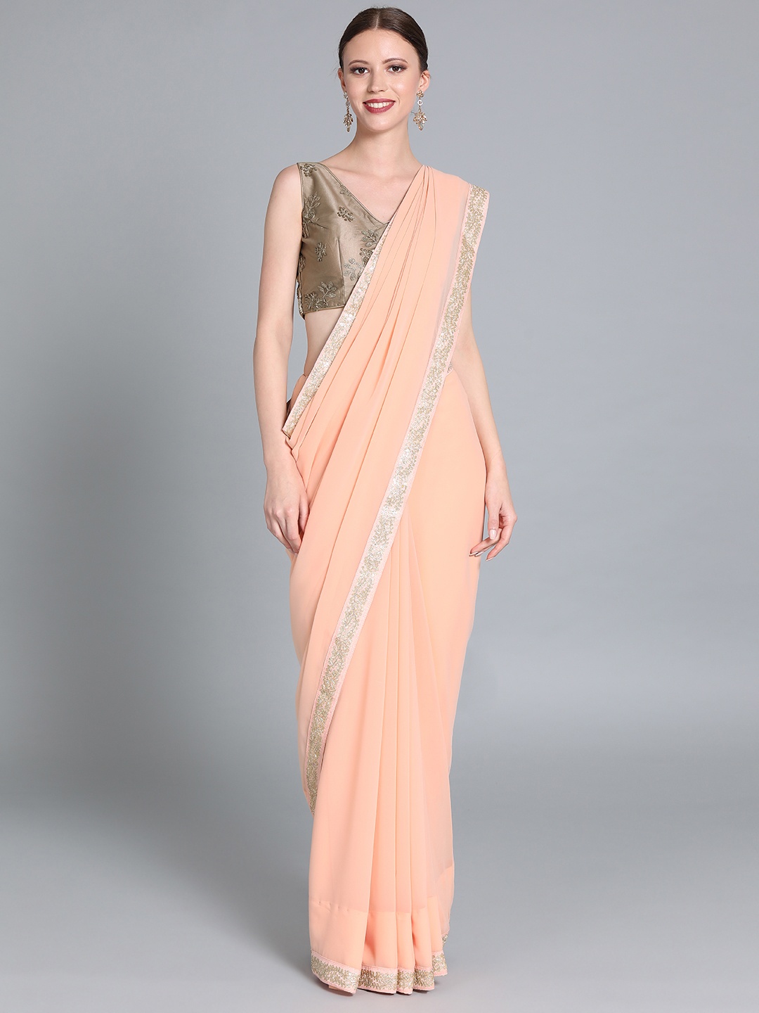 

Ethnovog Embellished Saree With Stitched Blouse, Peach