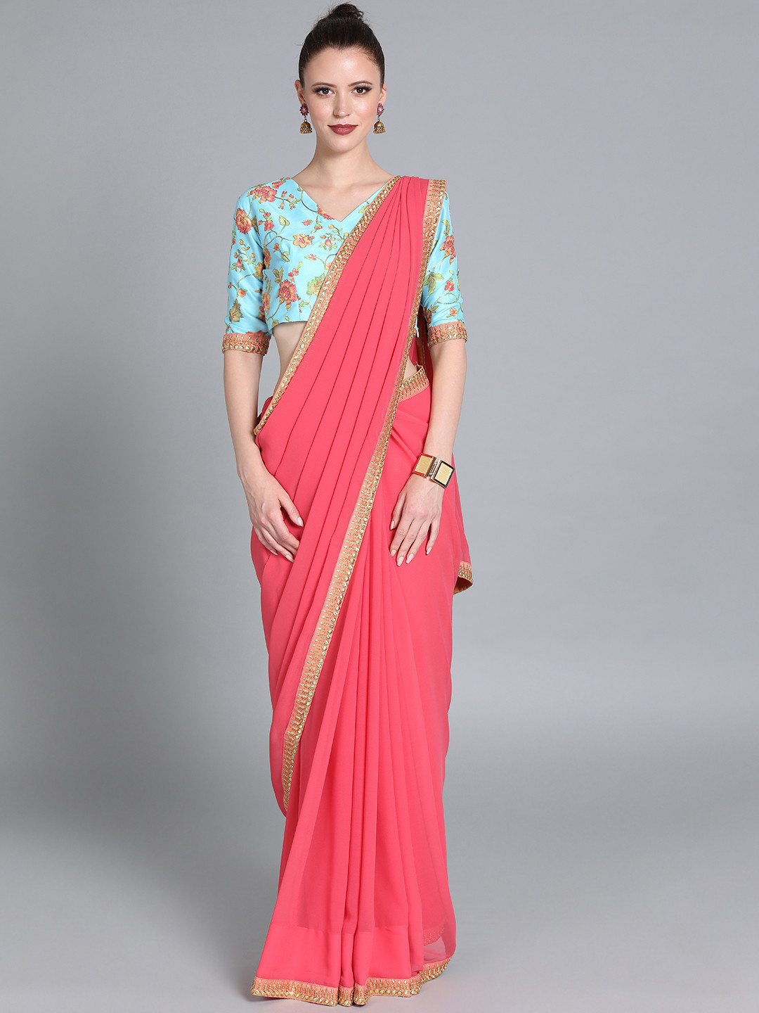 

Ethnovog Pink Blue Poly Georgette Solid Saree With Stitched Blouse