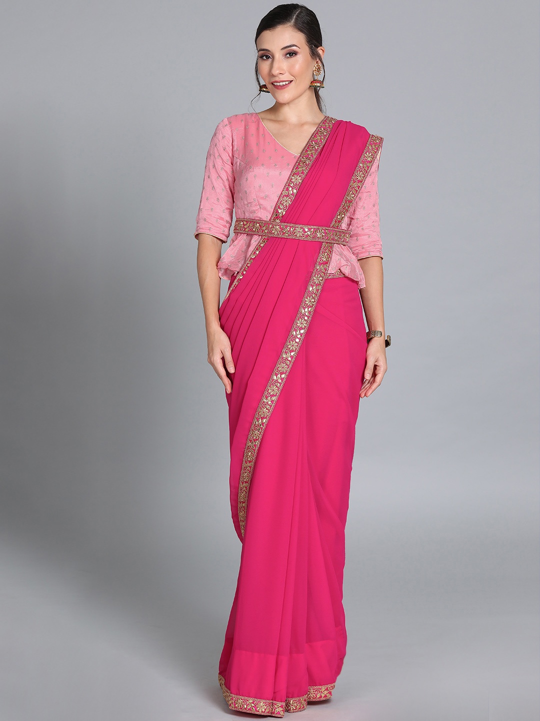 

Ethnovog Pink Solid Poly Georgette Saree