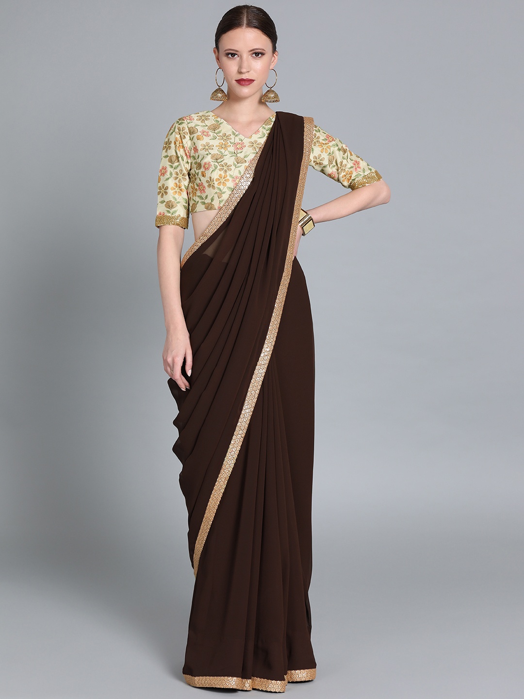 

Ethnovog Poly Georgette Solid Saree With Stitched Blouse, Brown