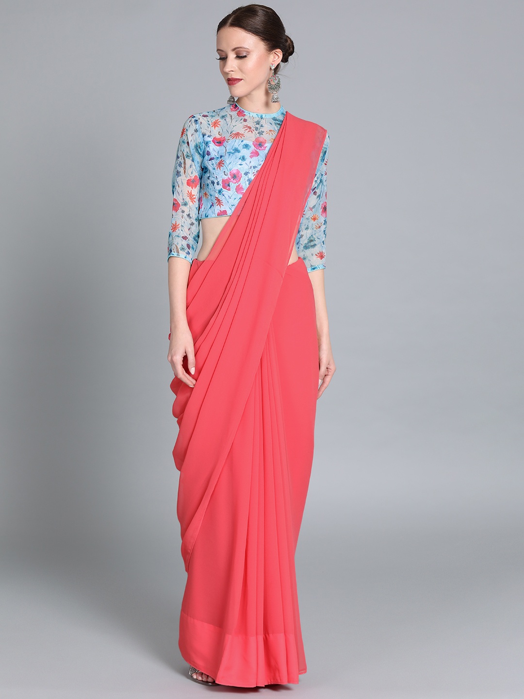

Ethnovog Pink Blue Poly Georgette Solid Saree