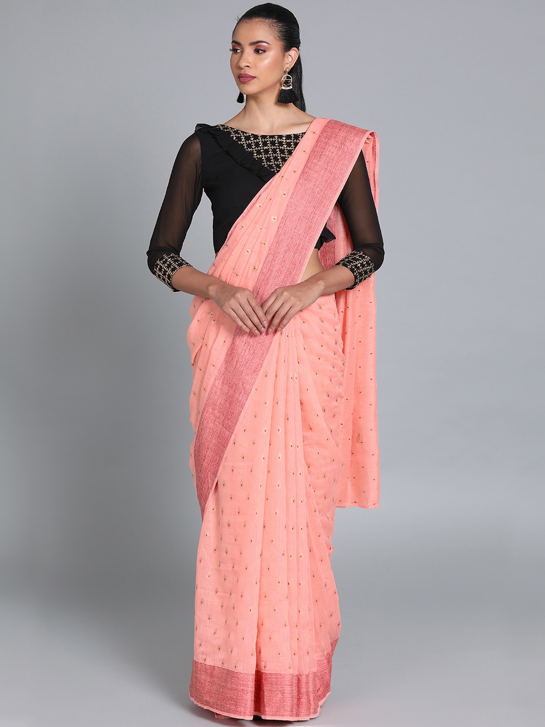 

Ethnovog Cotton Blend Printed Saree With Stitched Blouse, Peach