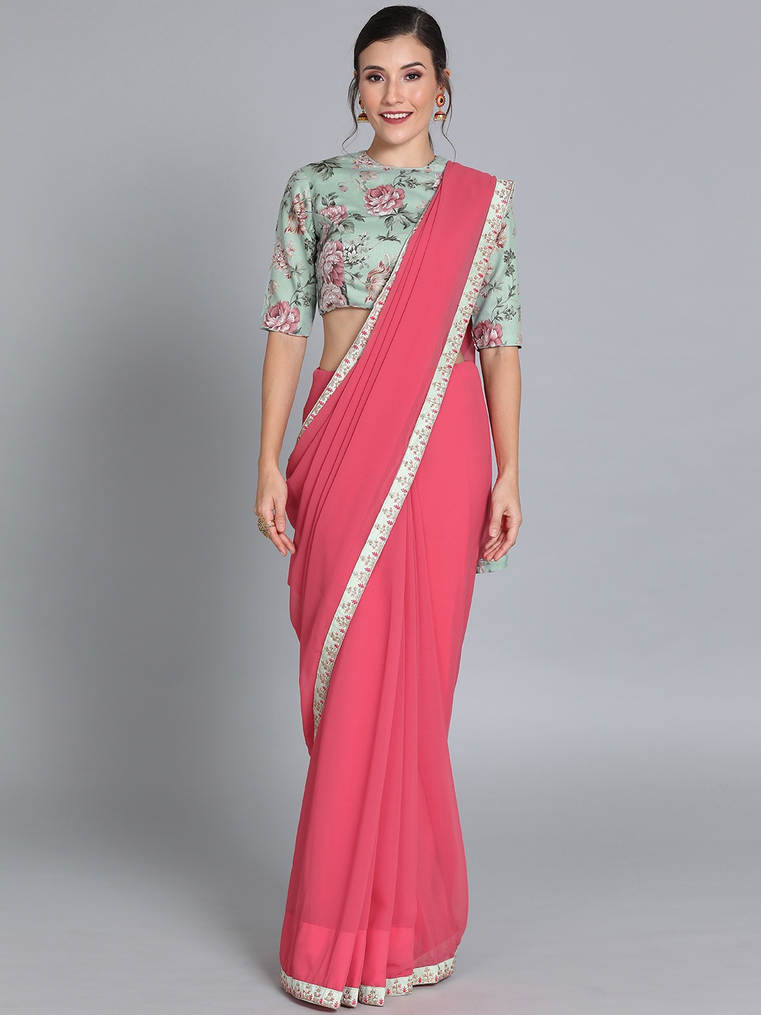 

Ethnovog Pink Sea Green Poly Georgette Solid Saree With Blouse