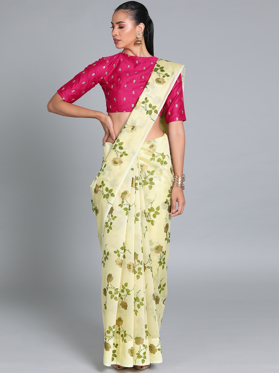 

Ethnovog Cream-Coloured Pink Printed Banarasi Saree