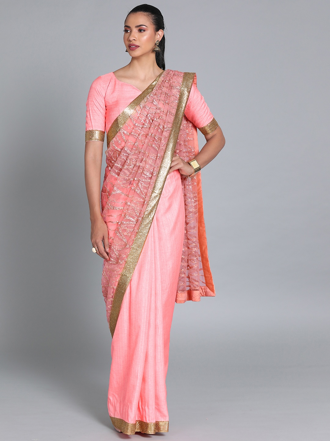 

Ethnovog Embroidered Detailing Art Silk Saree With Stitched Blouse, Pink