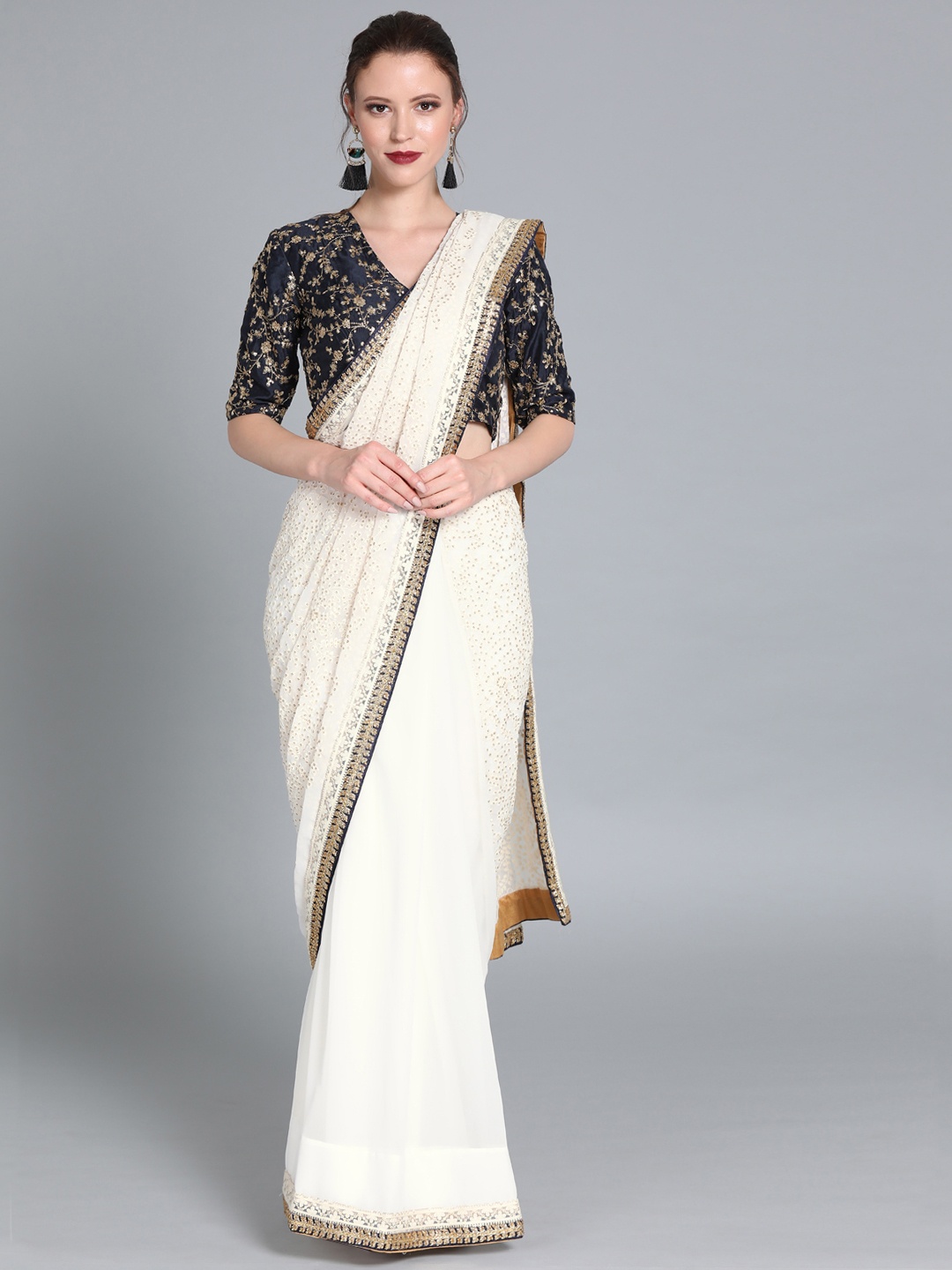 

Ethnovog White Solid Poly Georgette Made To Measure Saree With Embellishments