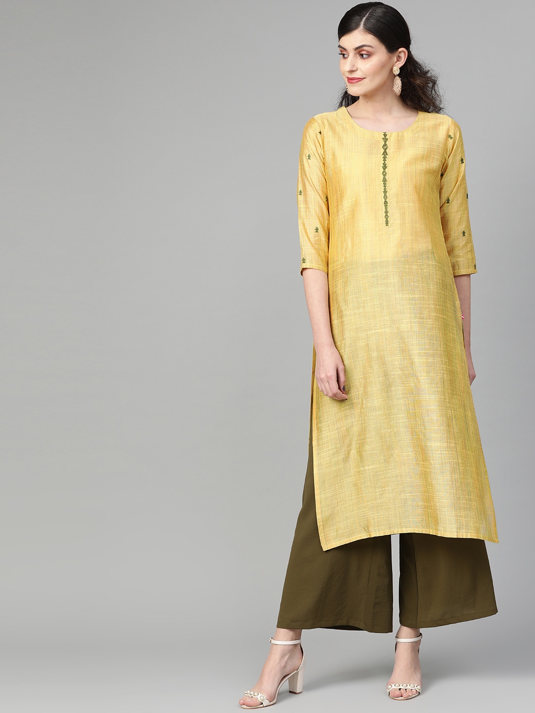 

Varanga Women Mustard Yellow & Green Self-Striped Straight Kurta