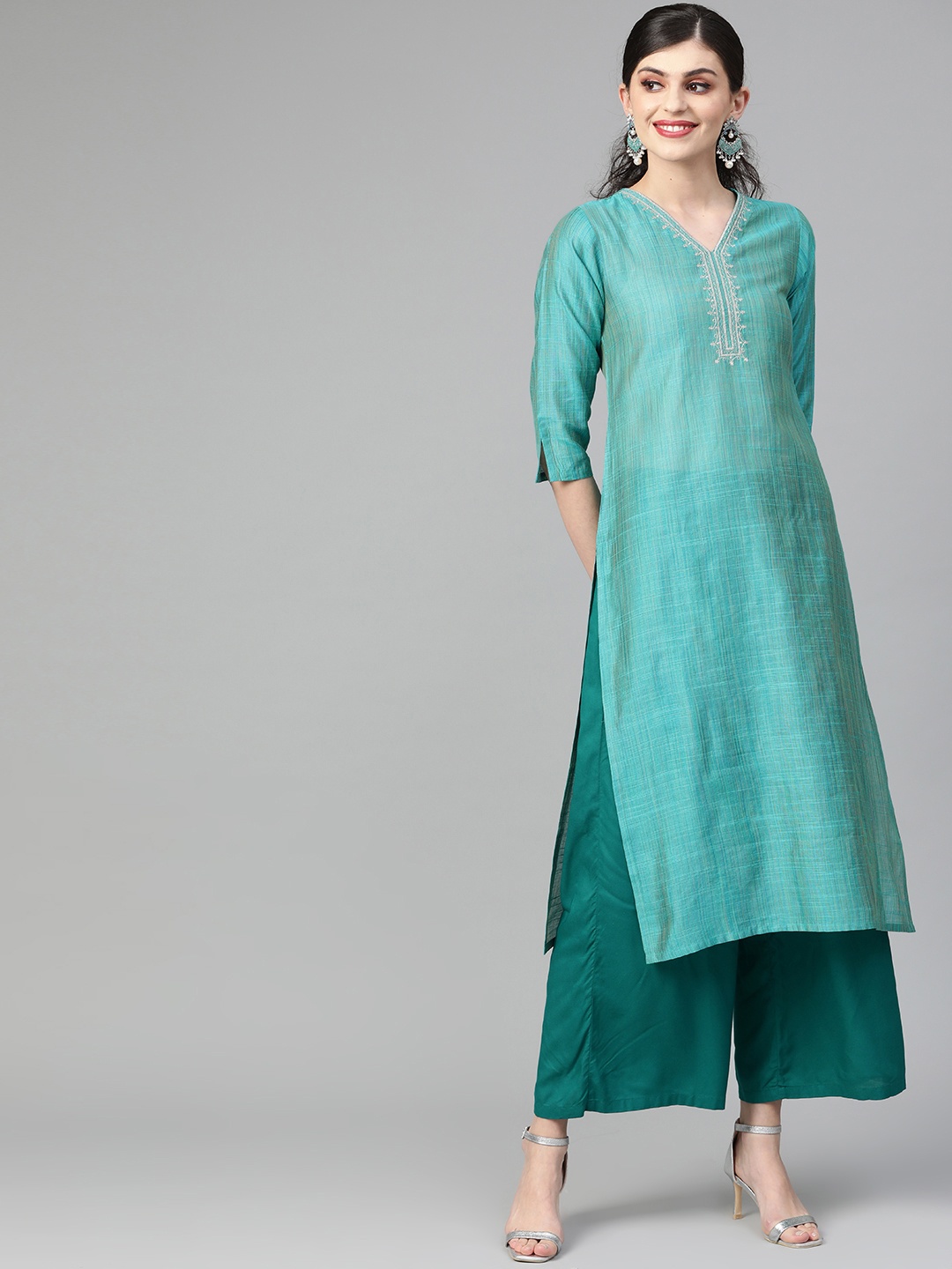 

Varanga Women Teal Green Self-Striped Straight Kurta