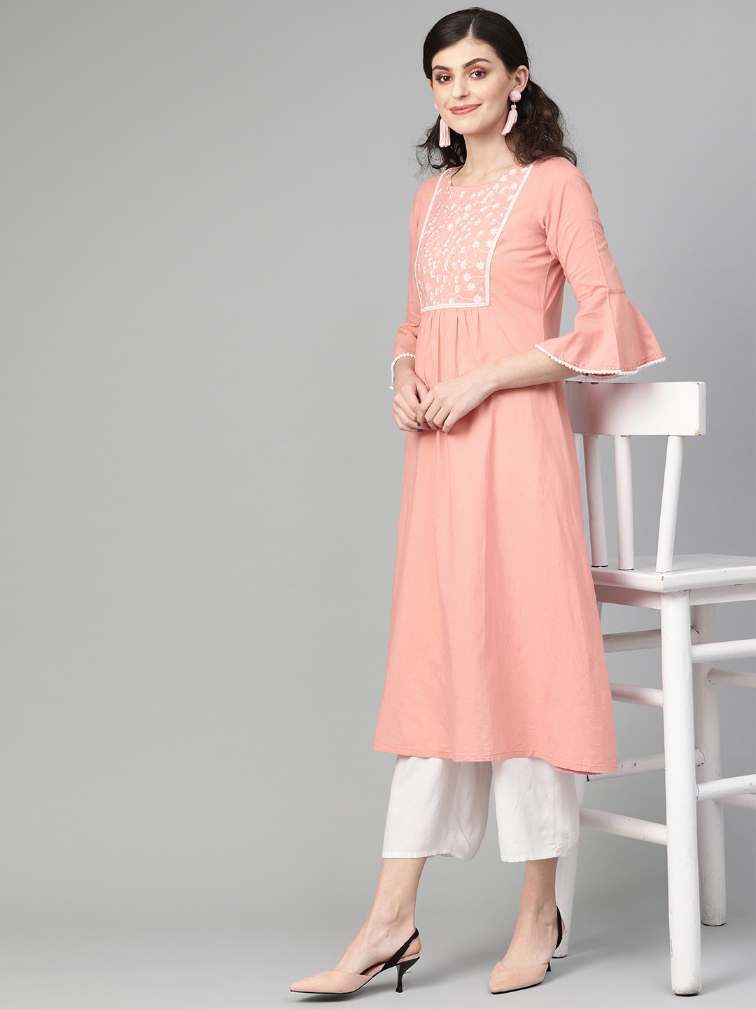 

Varanga Women Pink & White Yoke Design A-Line Kurta