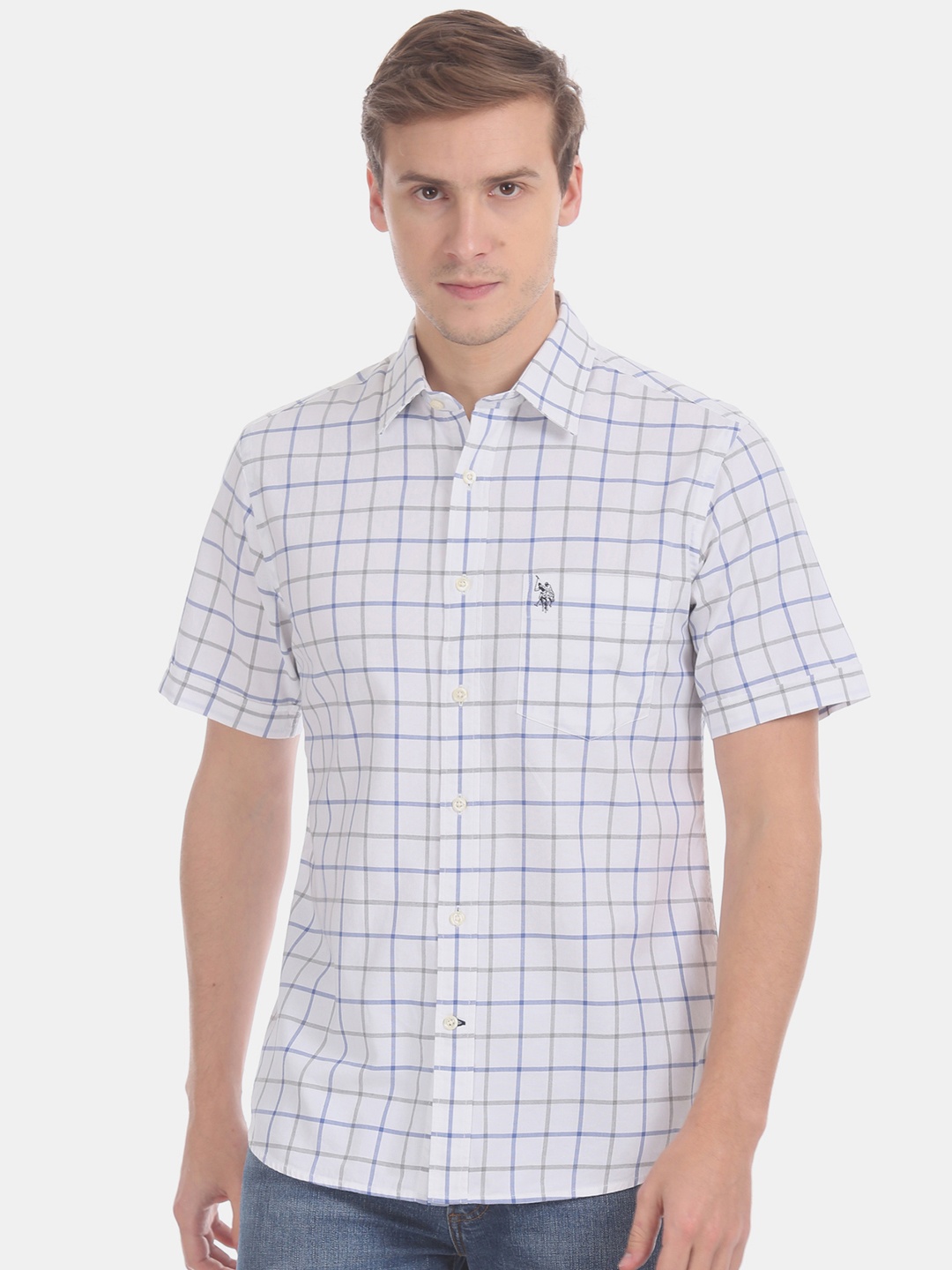 

U.S. Polo Assn. Men White & Blue Regular Fit Checked Casual Shirt