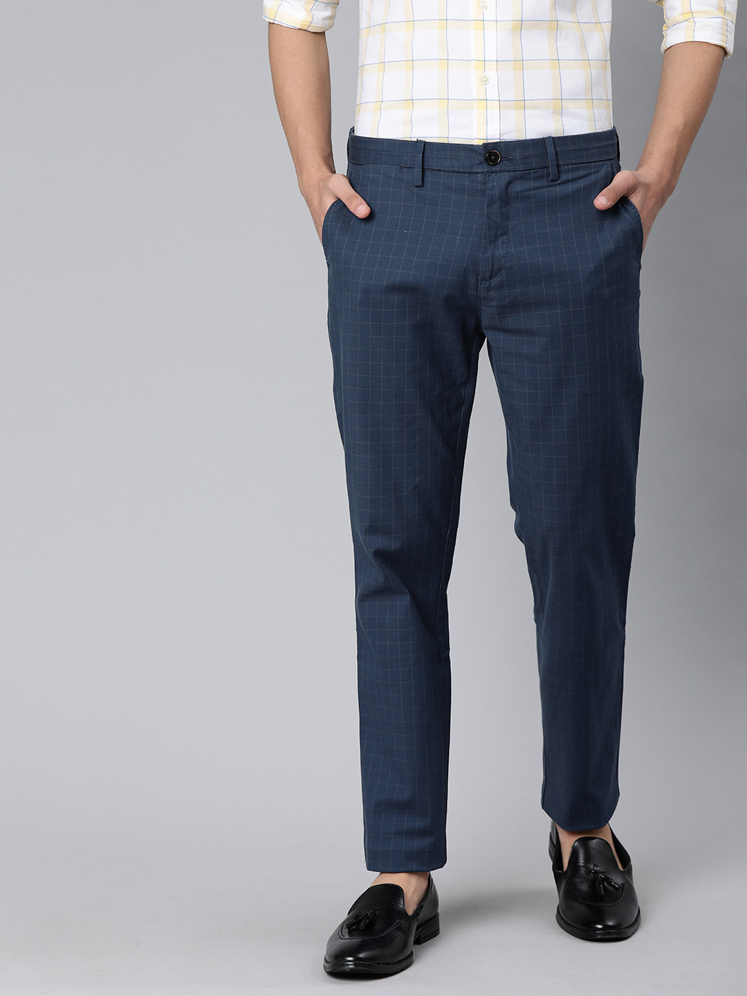 

U.S. Polo Assn. Men Navy Blue Denver Slim Fit Checked Regular Trousers